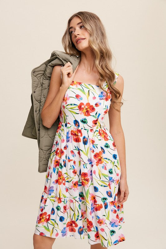 Sleeveless Floral Print Square Neck Dress - steven wick