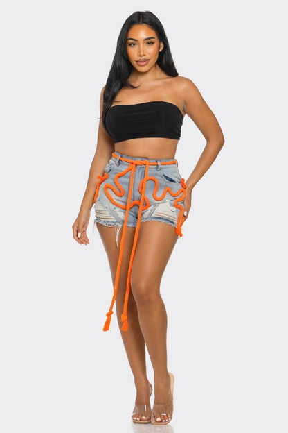 Playful Denim Shorts With Orange Drawstring - steven wick