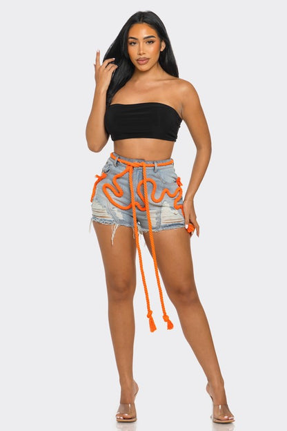 Playful Denim Shorts With Orange Drawstring - steven wick