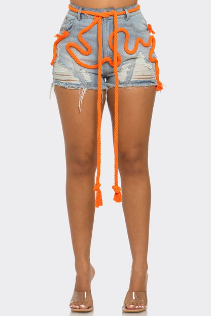 Playful Denim Shorts With Orange Drawstring - steven wick