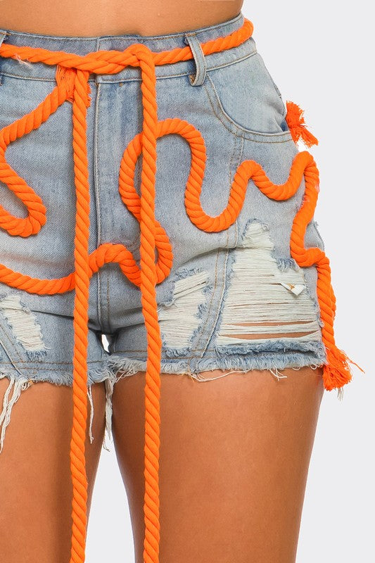 Playful Denim Shorts With Orange Drawstring - steven wick