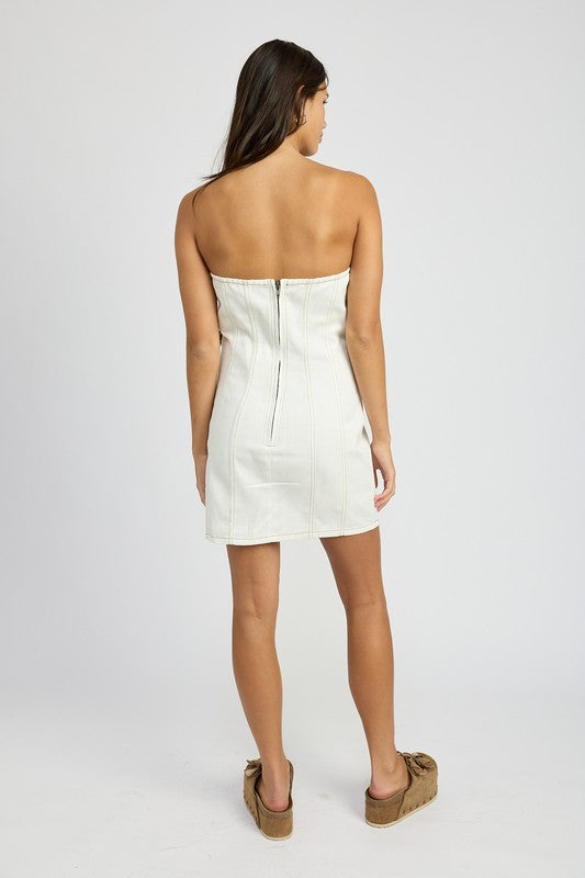 DENIM TUBE DRESS WITH ROSETTE DETAIL - steven wick