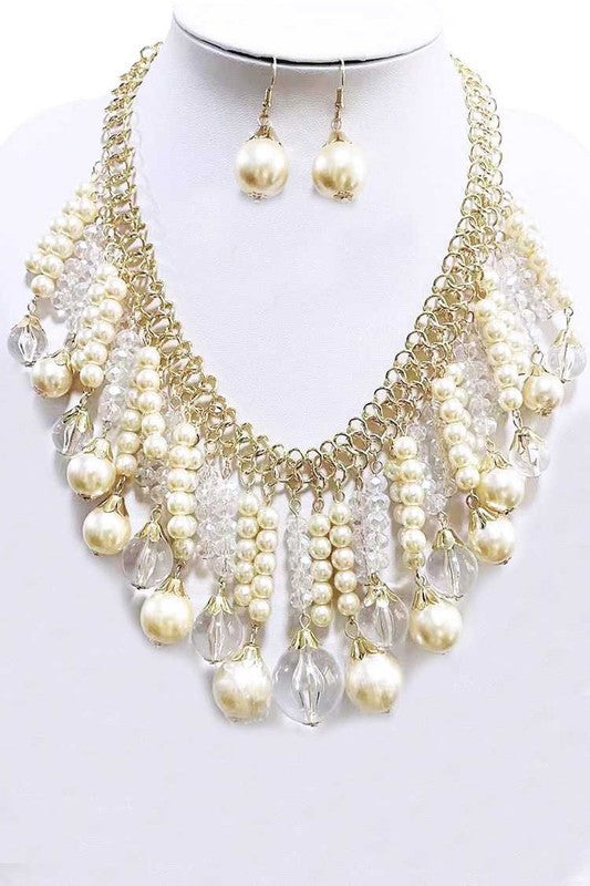 Pearl And Clear Beads Statement Necklace Set - steven wick