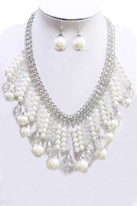 Pearl And Clear Beads Statement Necklace Set - steven wick