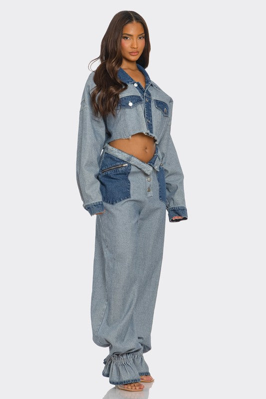Two-Toned Cropped Contrast Denim Set - steven wick