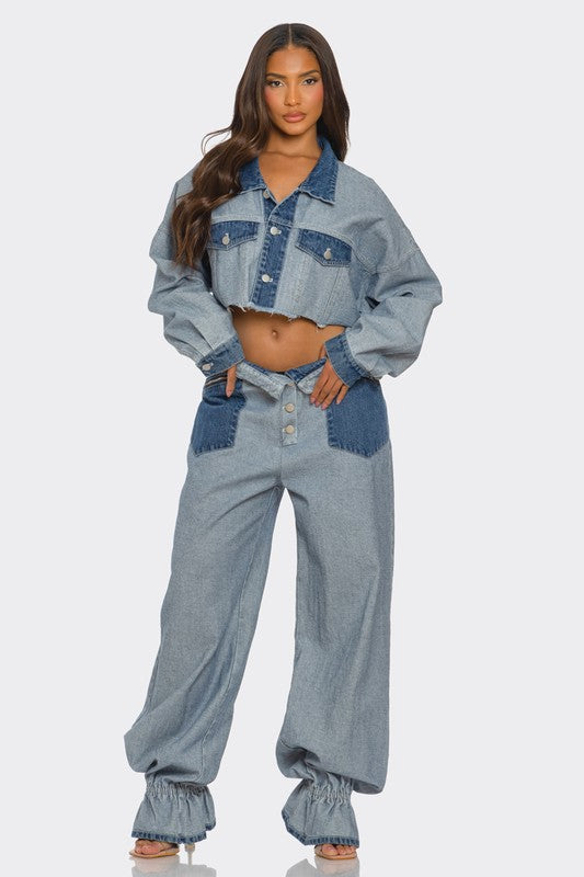 Two-Toned Cropped Contrast Denim Set - steven wick