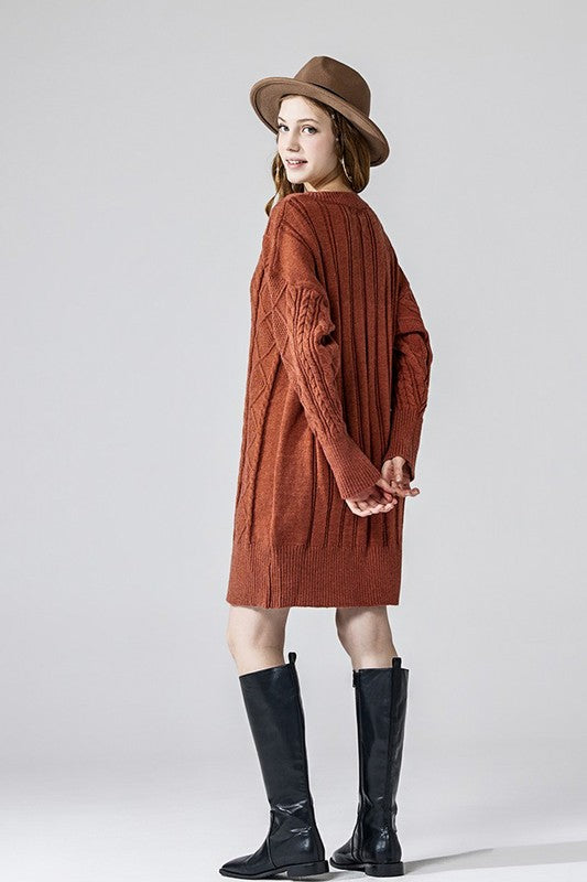 V-Neck Ribbed Hem Cable Knit Sweater Dress V-Neck Ribbed Hem Cable Knit Sweater Dress