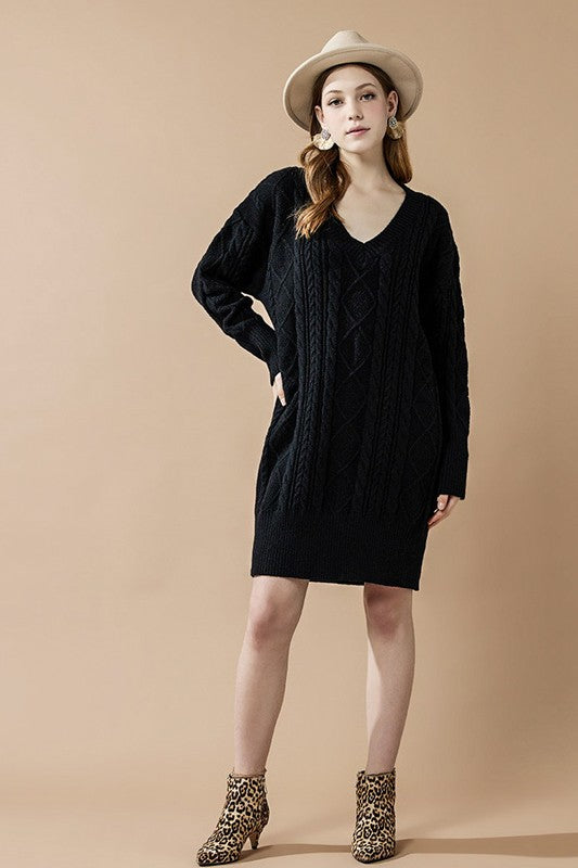 V-Neck Ribbed Hem Cable Knit Sweater Dress V-Neck Ribbed Hem Cable Knit Sweater Dress