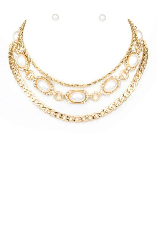 Mix Chain Pearl Accent Layer Collar Necklace Set - steven wick