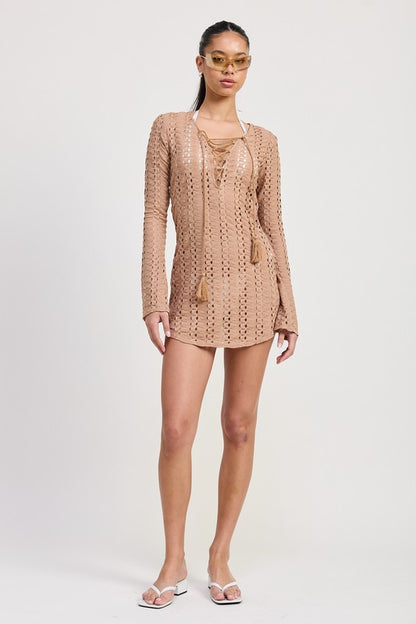 Long-Sleeved Lace Up Cover-Up Dress - steven wick