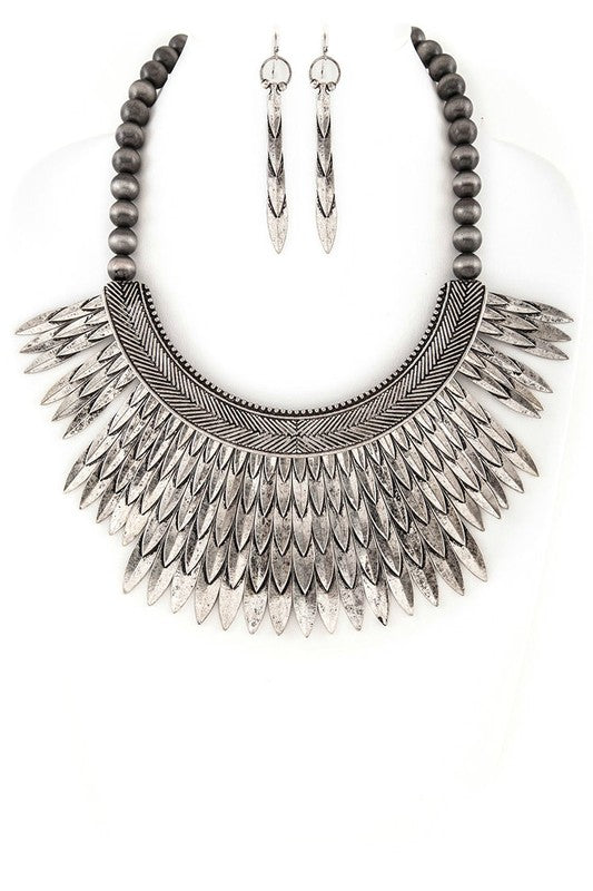 Metal Feather Statement Collar Necklace Set - steven wick