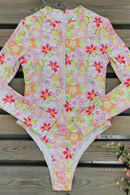 Floral Print One Piece Long Sleeve UPF50 Swimsuit - steven wick