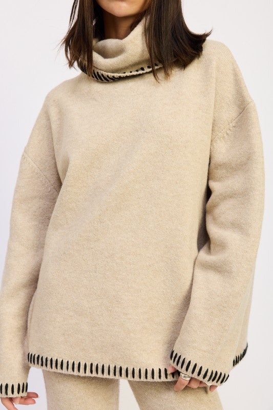 Oversized Turtleneck Sweater with Stitching - steven wick