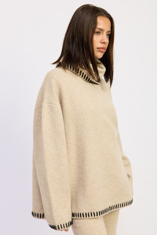 Oversized Turtleneck Sweater with Stitching - steven wick
