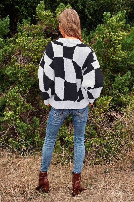 Multi Geo Checker Pullover Knit Sweater Top - steven wick