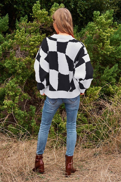 Multi Geo Checker Pullover Knit Sweater Top - steven wick