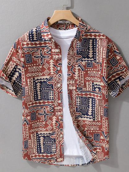 Men's Plus Size Printed Button Up Short Sleeve Shirt - steven wick