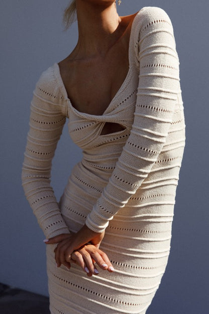 Crochet Knit Long Sleeved Midi Dress