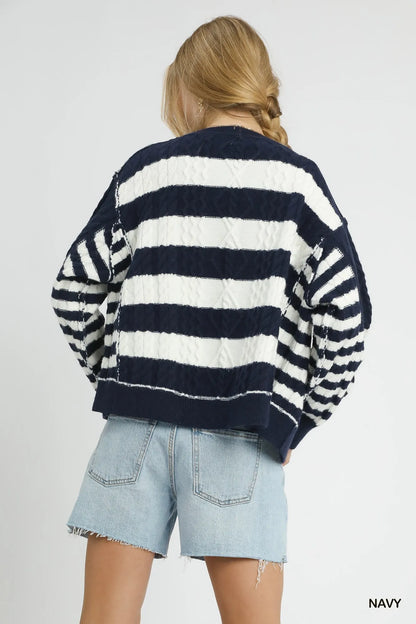 Stripe Button-Up Cable-Knit Cardigan - steven wick