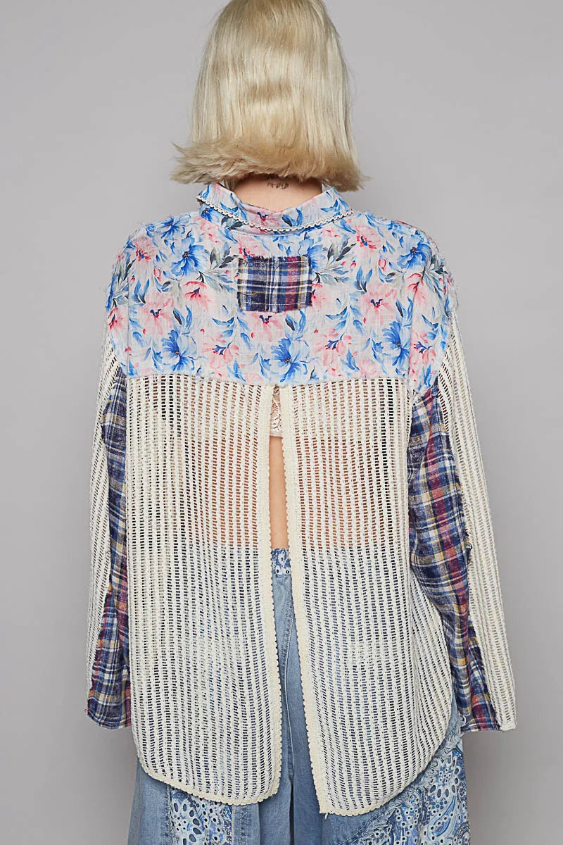 POL Floral Slit Back Plaid Patchwork Shirt - steven wick