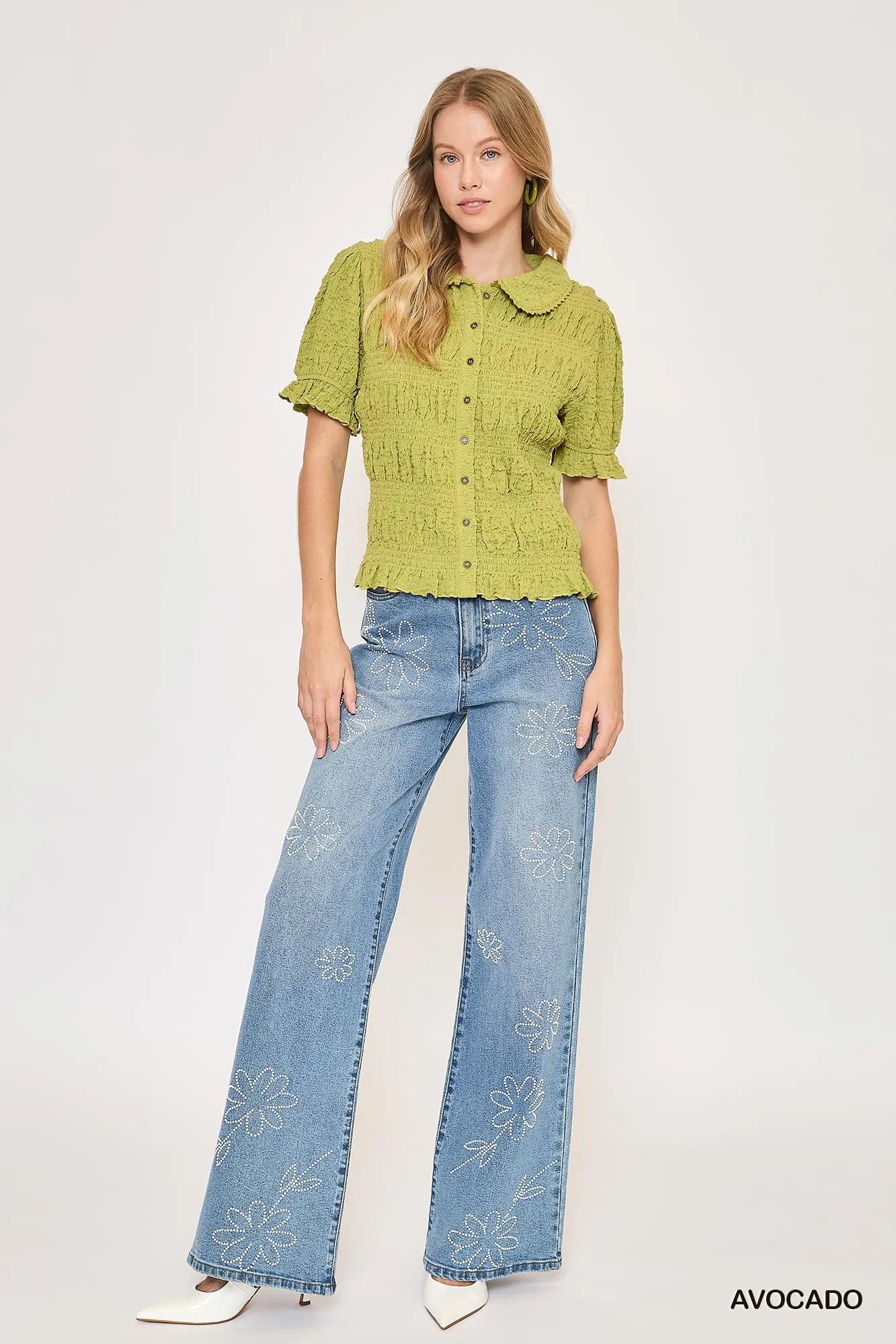 Smocked Short Sleeve Button-Front Shirt with Peter Pan Collar - steven wick