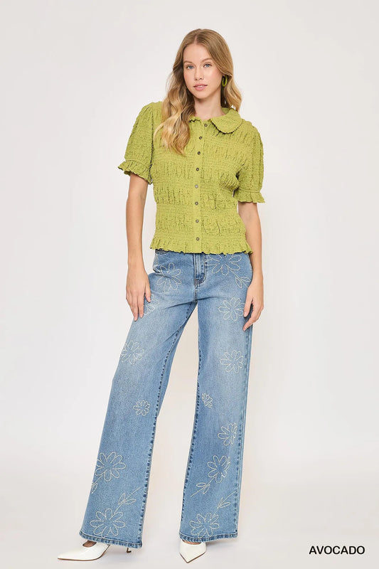 Smocked Short Sleeve Button-Front Shirt with Peter Pan Collar - steven wick