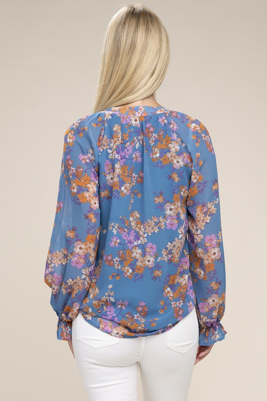 Floral Long-Sleeved Chiffon Blouse - steven wick
