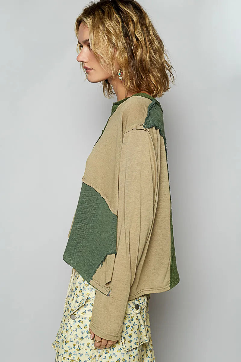 POL Color Block Notched Long Sleeve T-Shirt - steven wick