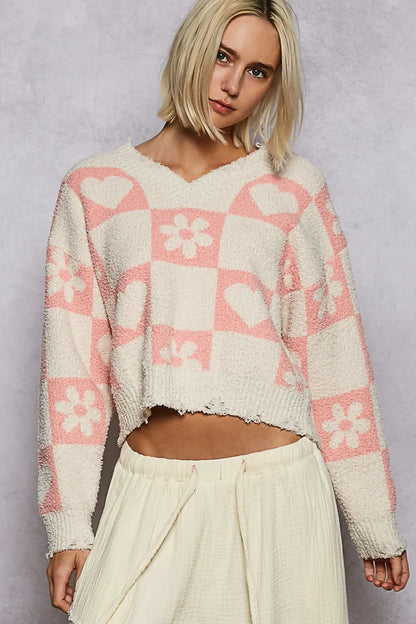 V-Neck Heart Pattern Checkered Sweater - steven wick