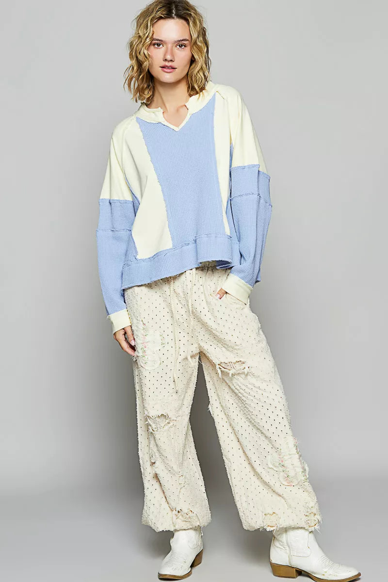 Color Block Waffle Knit Raw Hem Sweatshirt - steven wick