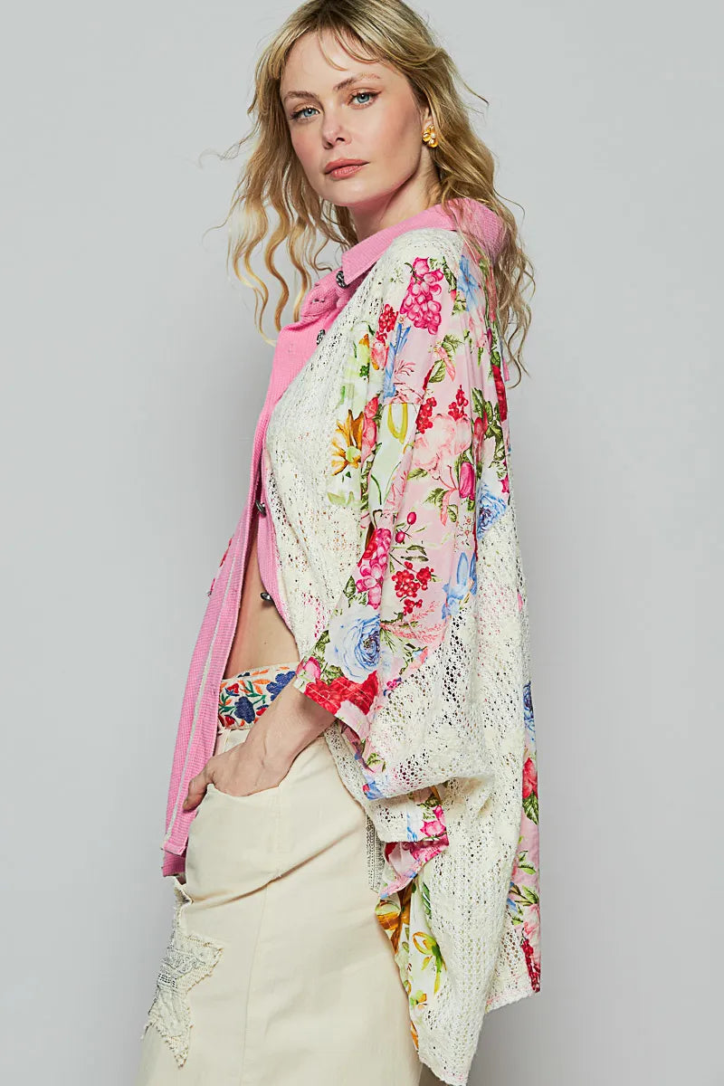 Thermal and Crochet Lace Mix Shirt with Floral Pattern - steven wick