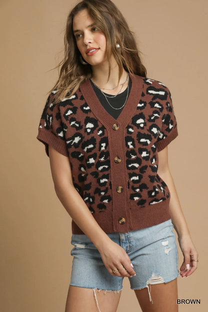 Button Down Short Sleeve Leopard Cardigan - steven wick
