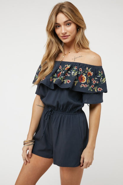 Floral Embroidered Ruffle Off-Shoulder Romper - steven wick