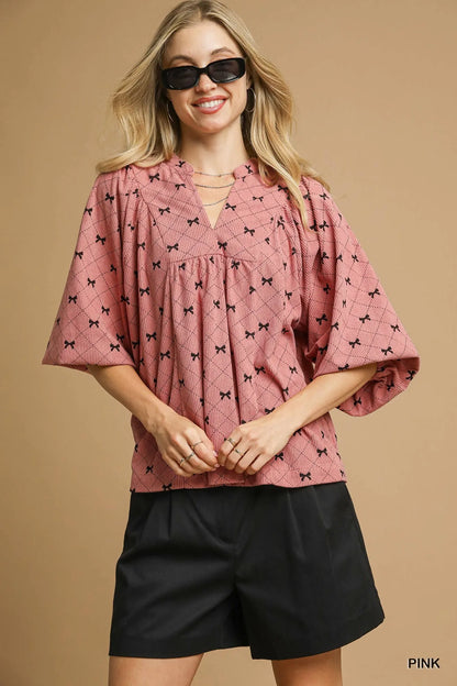 Umgee Corduroy Bow Print Balloon Sleeve Blouse - steven wick