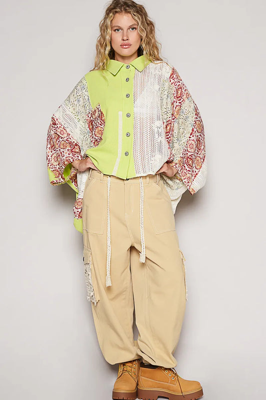 Thermal and Crochet Lace Mix Shirt with Floral Pattern - steven wick