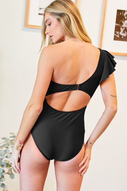 Solid One Shoulder One Piece Swimsuit - steven wick