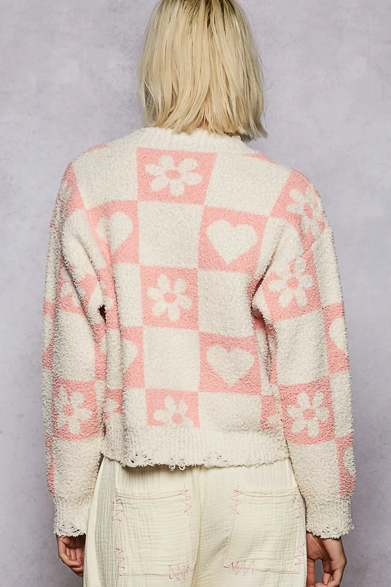 V-Neck Heart Pattern Checkered Sweater - steven wick