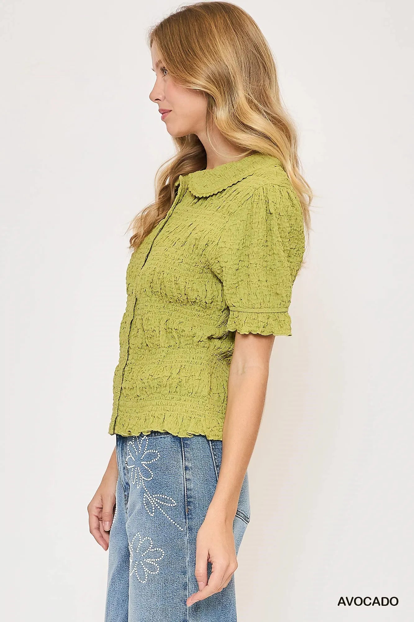 Smocked Short Sleeve Button-Front Shirt with Peter Pan Collar - steven wick