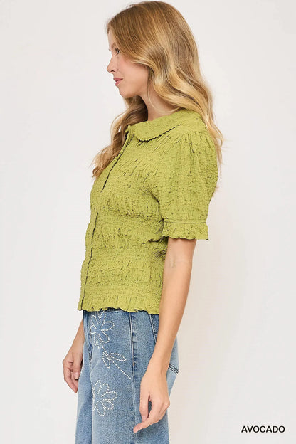 Smocked Short Sleeve Button-Front Shirt with Peter Pan Collar - steven wick