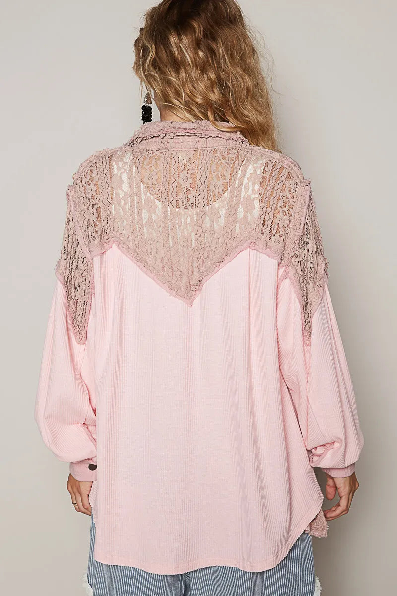 POL Lace Patchwork Button Up Shacket - steven wick