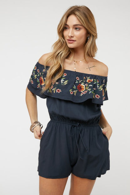 Floral Embroidered Ruffle Off-Shoulder Romper - steven wick