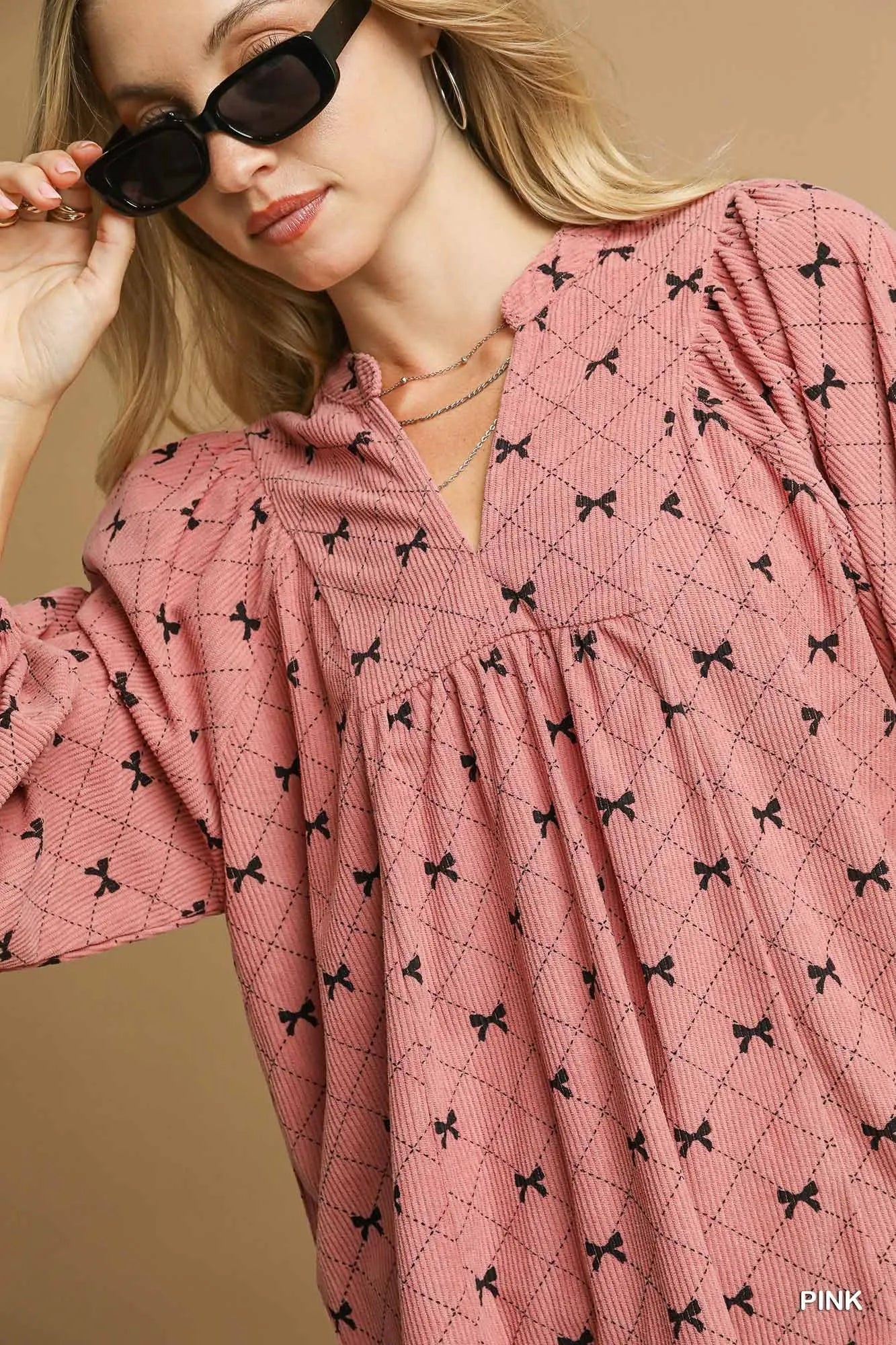 Umgee Corduroy Bow Print Balloon Sleeve Blouse - steven wick