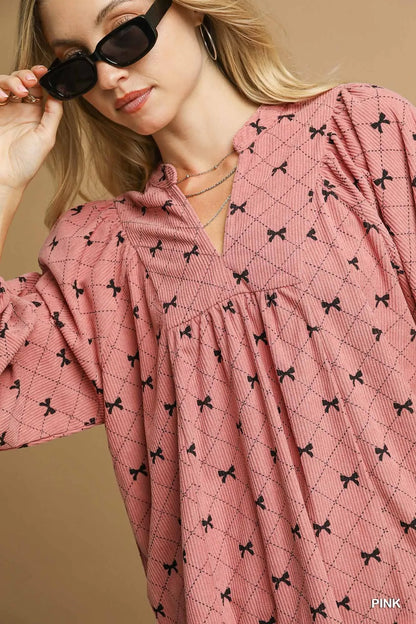 Umgee Corduroy Bow Print Balloon Sleeve Blouse - steven wick