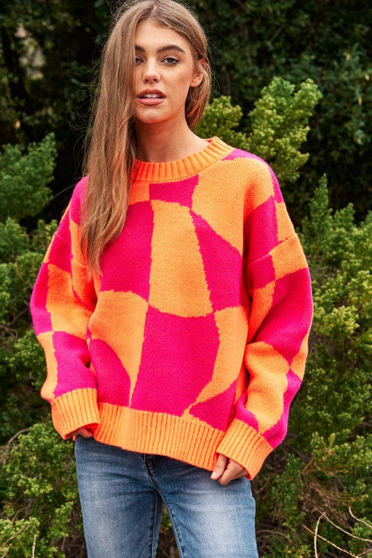 Multi Geo Checker Pullover Knit Sweater Top - steven wick