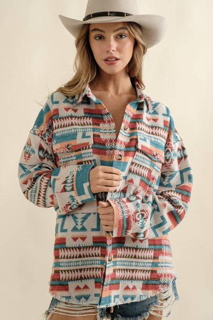 Long-sleeved Frayed Aztec Western Shacket - steven wick
