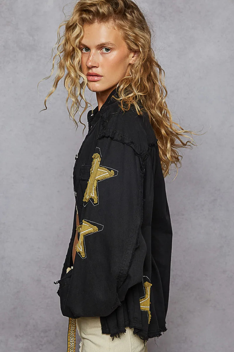 POL Star Patch Raw Hem Button Up Denim Jacket - steven wick