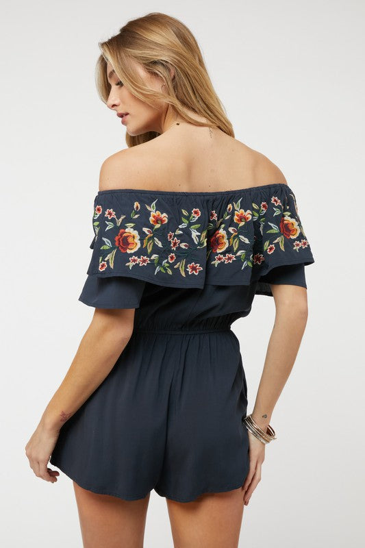 Floral Embroidered Ruffle Off-Shoulder Romper - steven wick