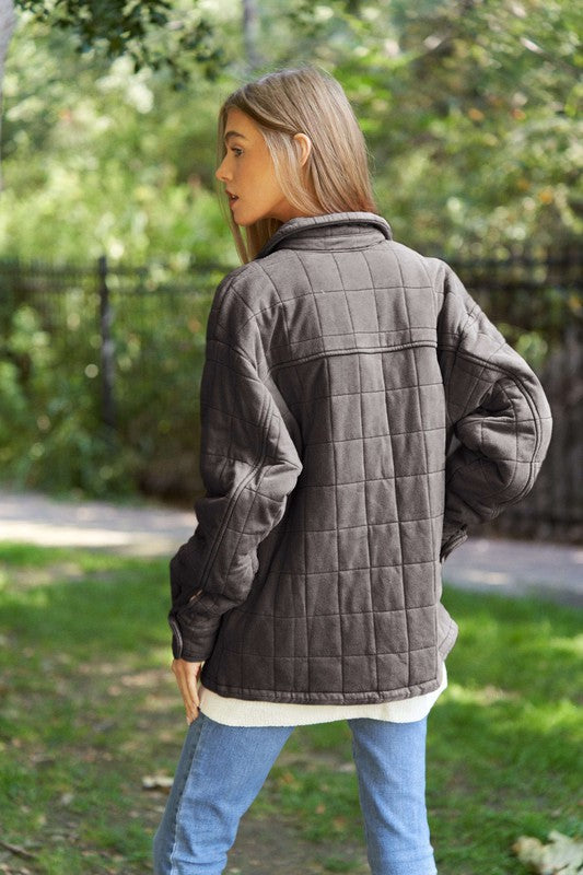 Solid Mineral Wash Quilted Pockets Shacket - steven wick
