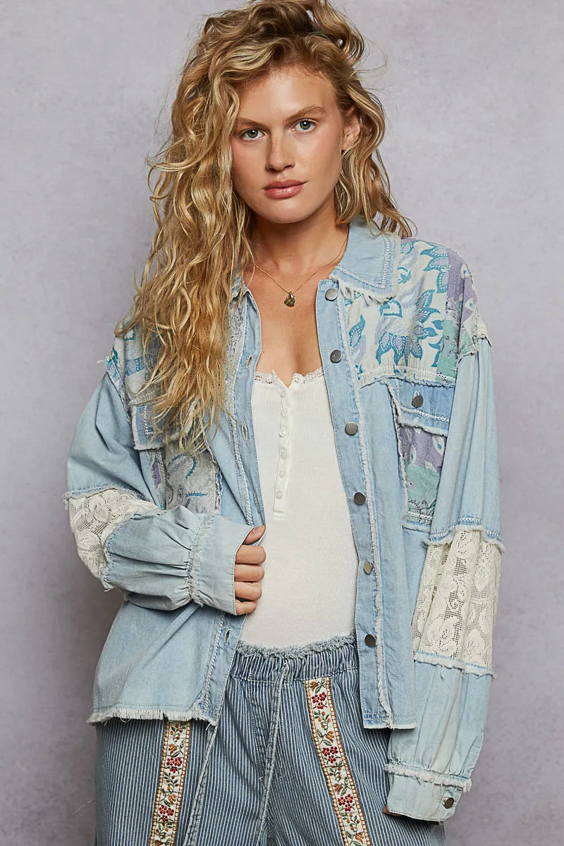 POL Printed Woven Mix Raw Hem Jacket with Lace Detail - steven wick