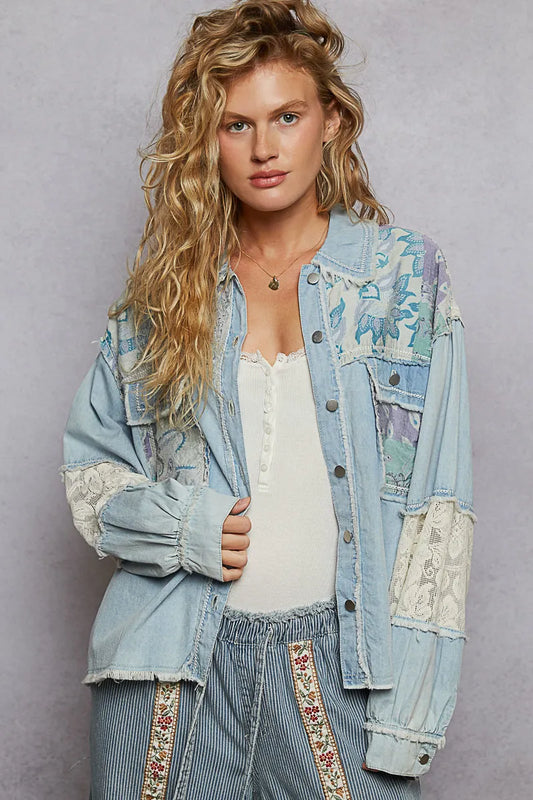 POL Printed Woven Mix Raw Hem Jacket with Lace Detail - steven wick